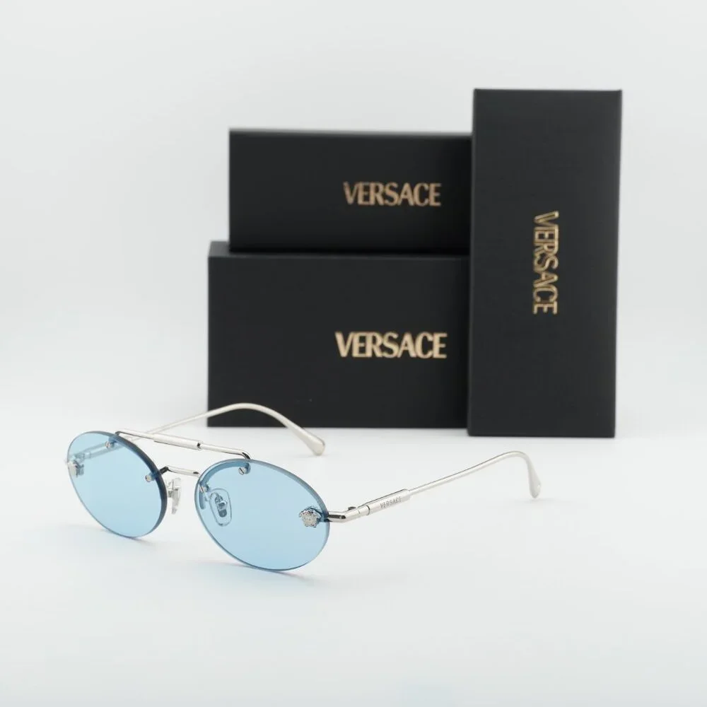 Versace VE2295 1000/1 Sunglasses Silver Oval Frame, Light Blue Lenses